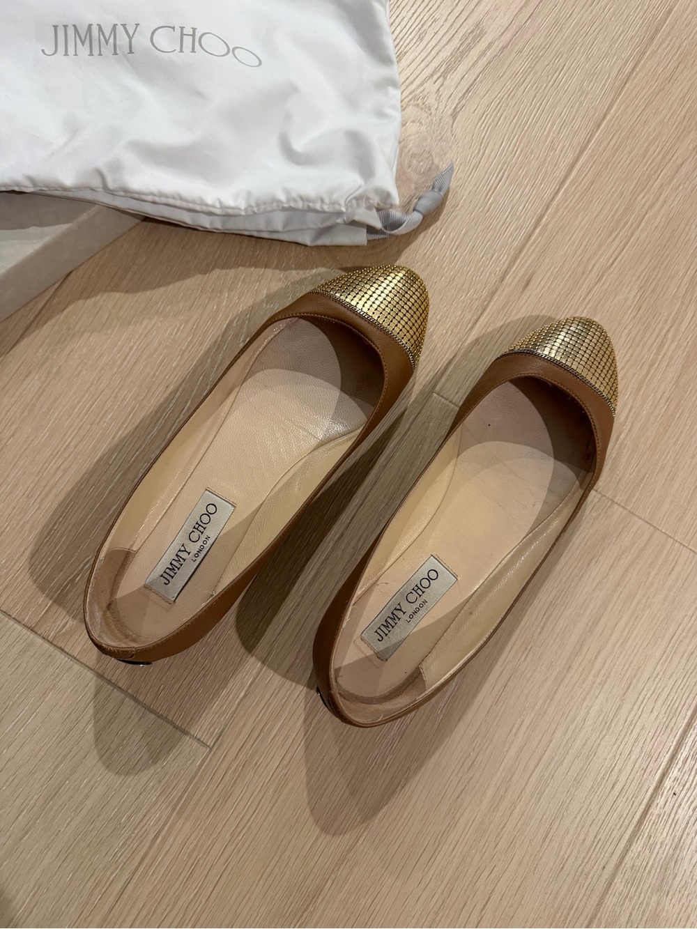 Jimmy Choo Brown Leather Flats with Gold Cap Toe